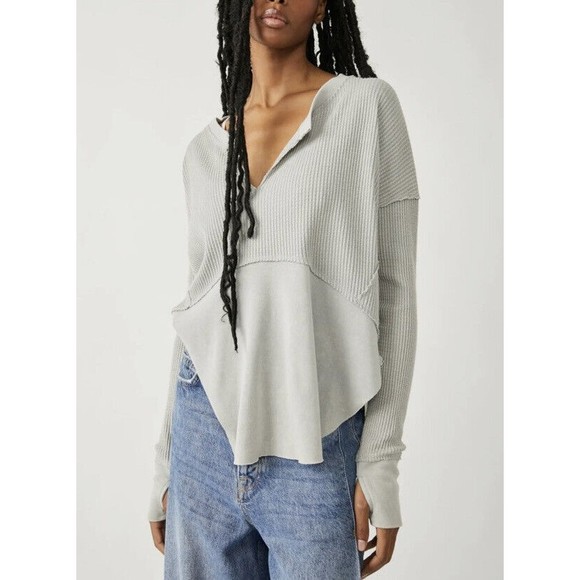 Free People Monterey Thermal Top Cotton Blend Thumb Hole Grey Women Small - Picture 12 of 13